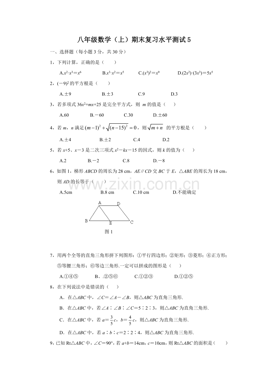 八年级数学(上)期末复习水平测试5.doc_第1页