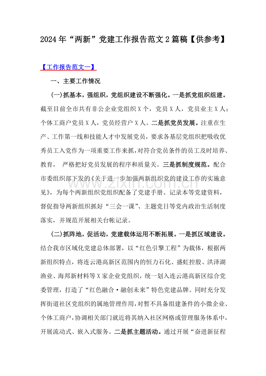 2024年“两新”党建工作报告范文2篇稿【供参考】.docx_第1页