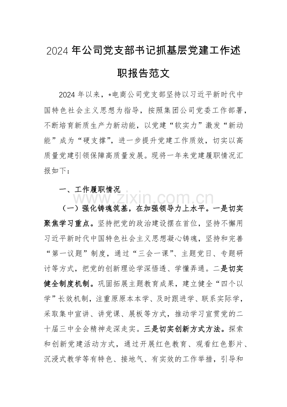 2024年公司党支部书记抓基层党建工作述职报告范文.docx_第1页