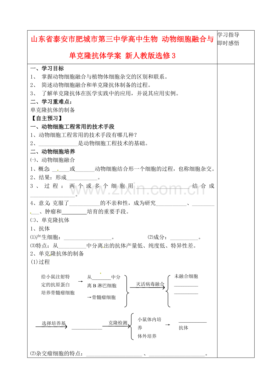 山东省泰安市肥城市第三中学高中生物动物细胞融合与单克隆抗体学案新人教版选修3.doc_第1页