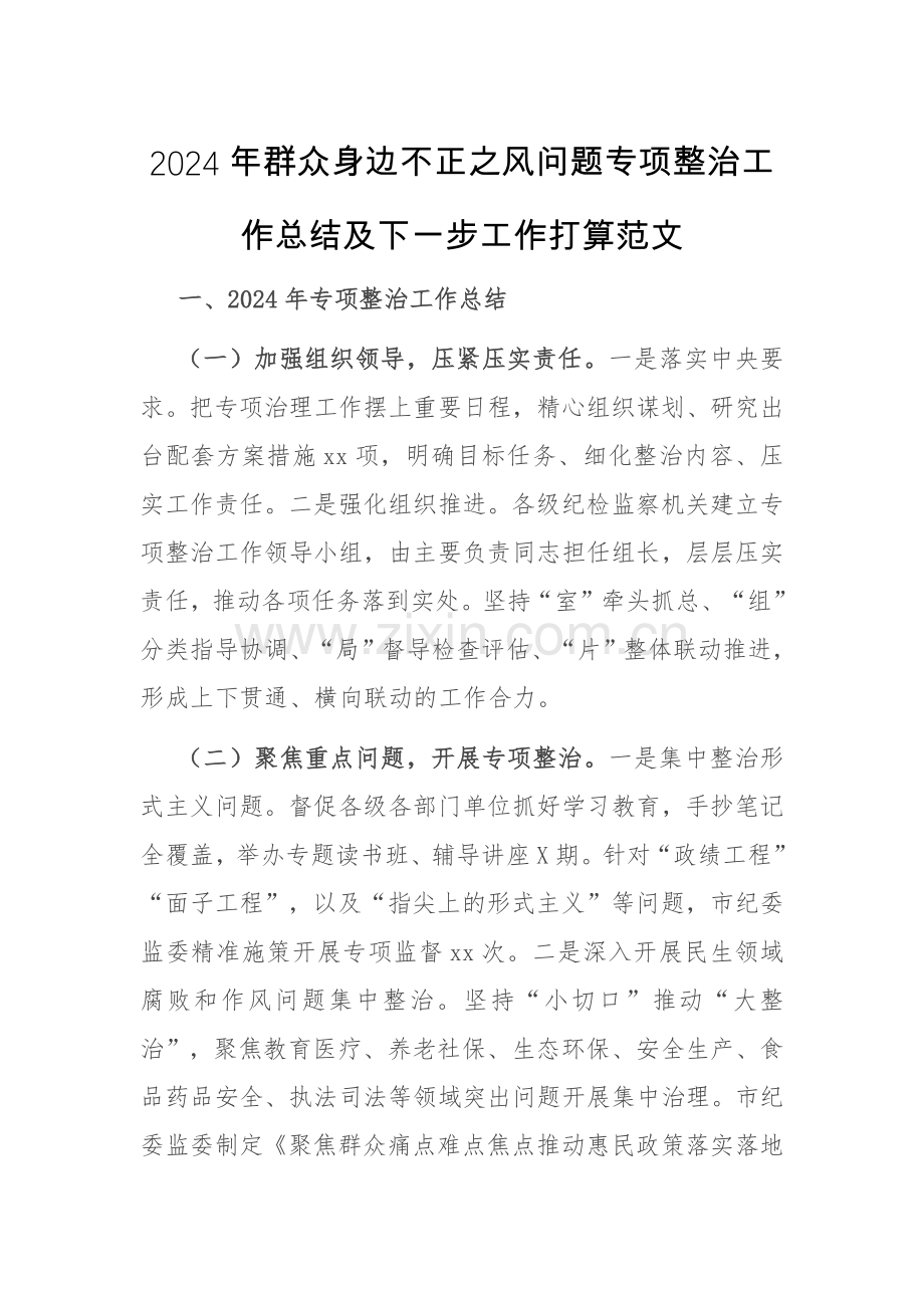 2024年群众身边不正之风问题专项整治工作总结及下一步工作打算范文.docx_第1页