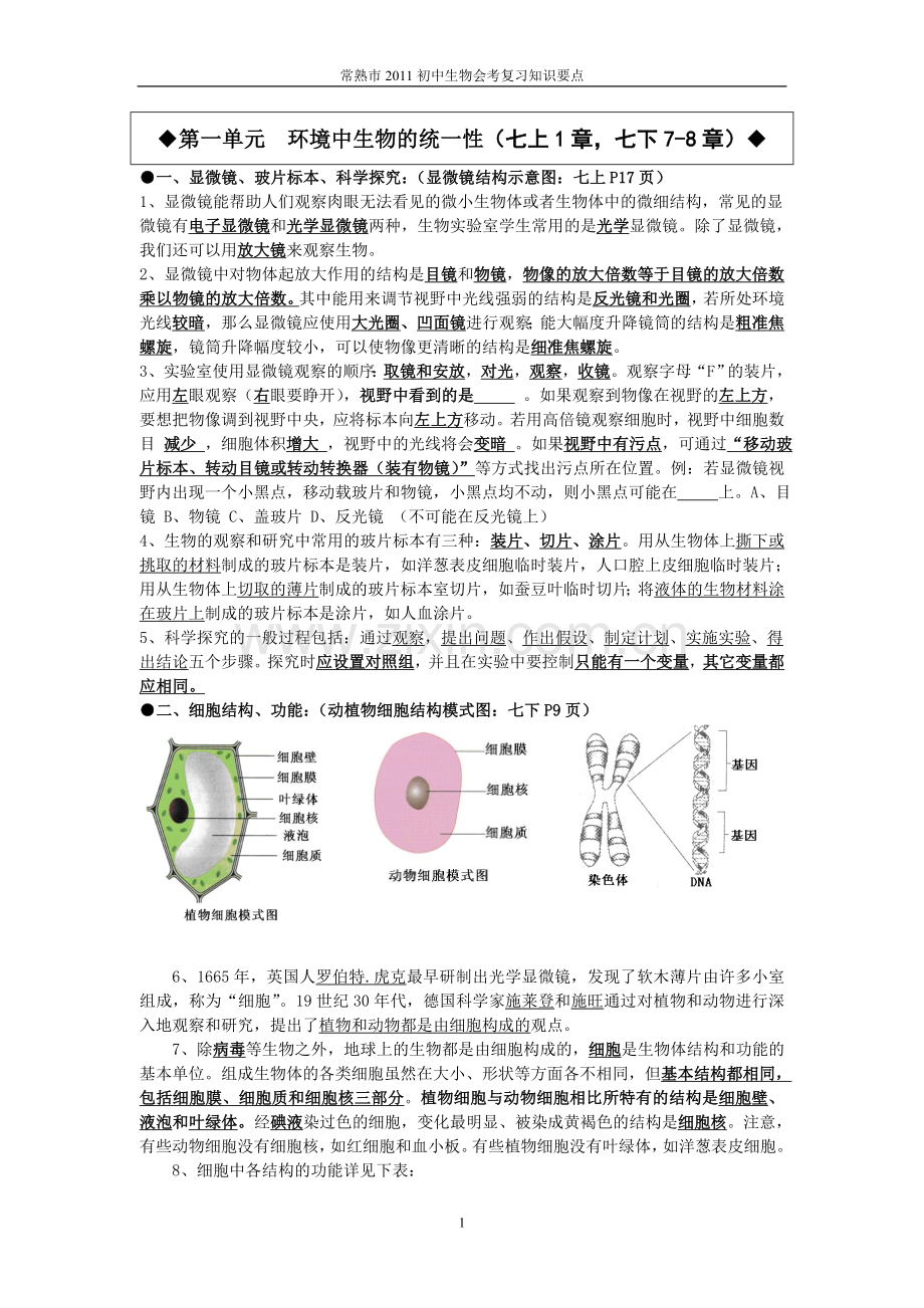 常熟市2011初中生物会考复习知识要点(1-7单元).doc_第1页