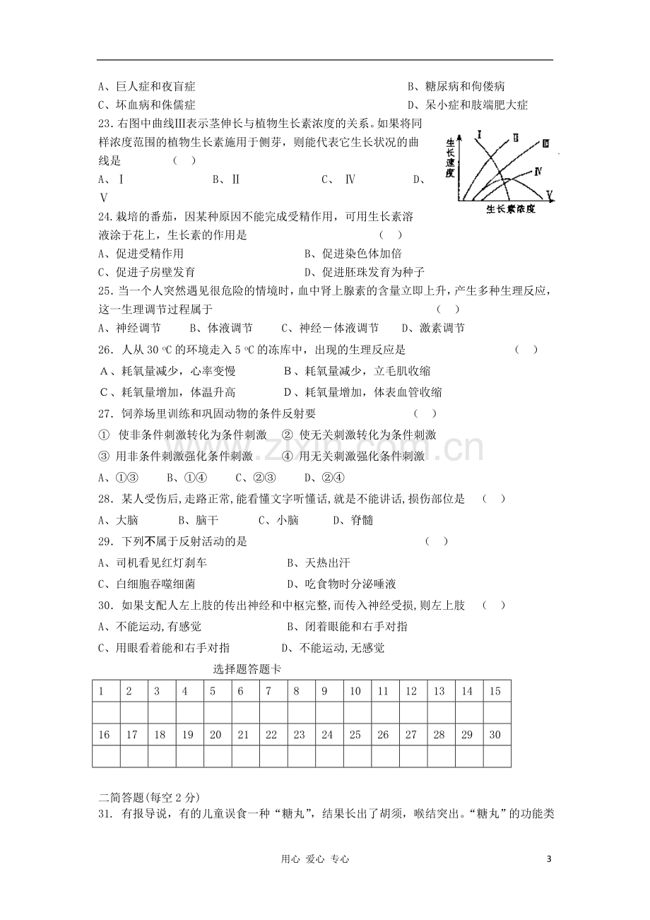 安徽省蚌埠五中2013届高三生物一轮测试 生命活动的调节单元检测题.doc_第3页