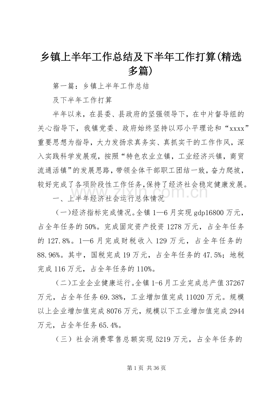 乡镇上半年工作总结及下半年工作打算(多篇).docx_第1页