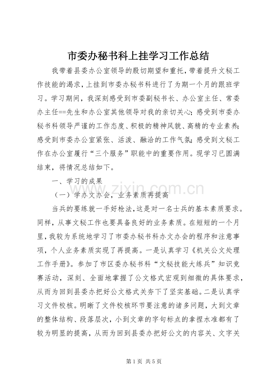 市委办秘书科上挂学习工作总结_1.docx_第1页