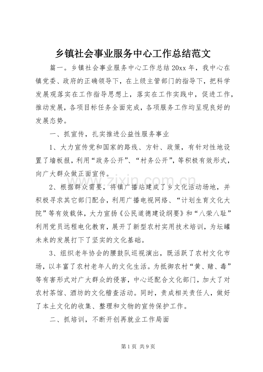 乡镇社会事业服务中心工作总结范文.docx_第1页