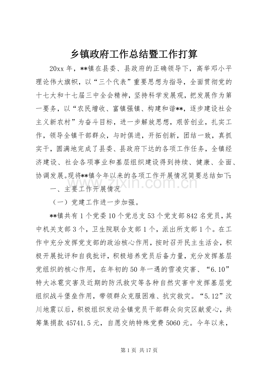 乡镇政府工作总结暨工作打算_1.docx_第1页