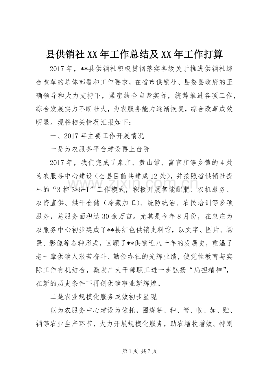 县供销社XX年工作总结及XX年工作打算_1.docx_第1页