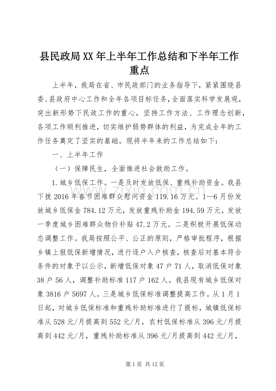 县民政局XX年上半年工作总结和下半年工作重点.docx_第1页