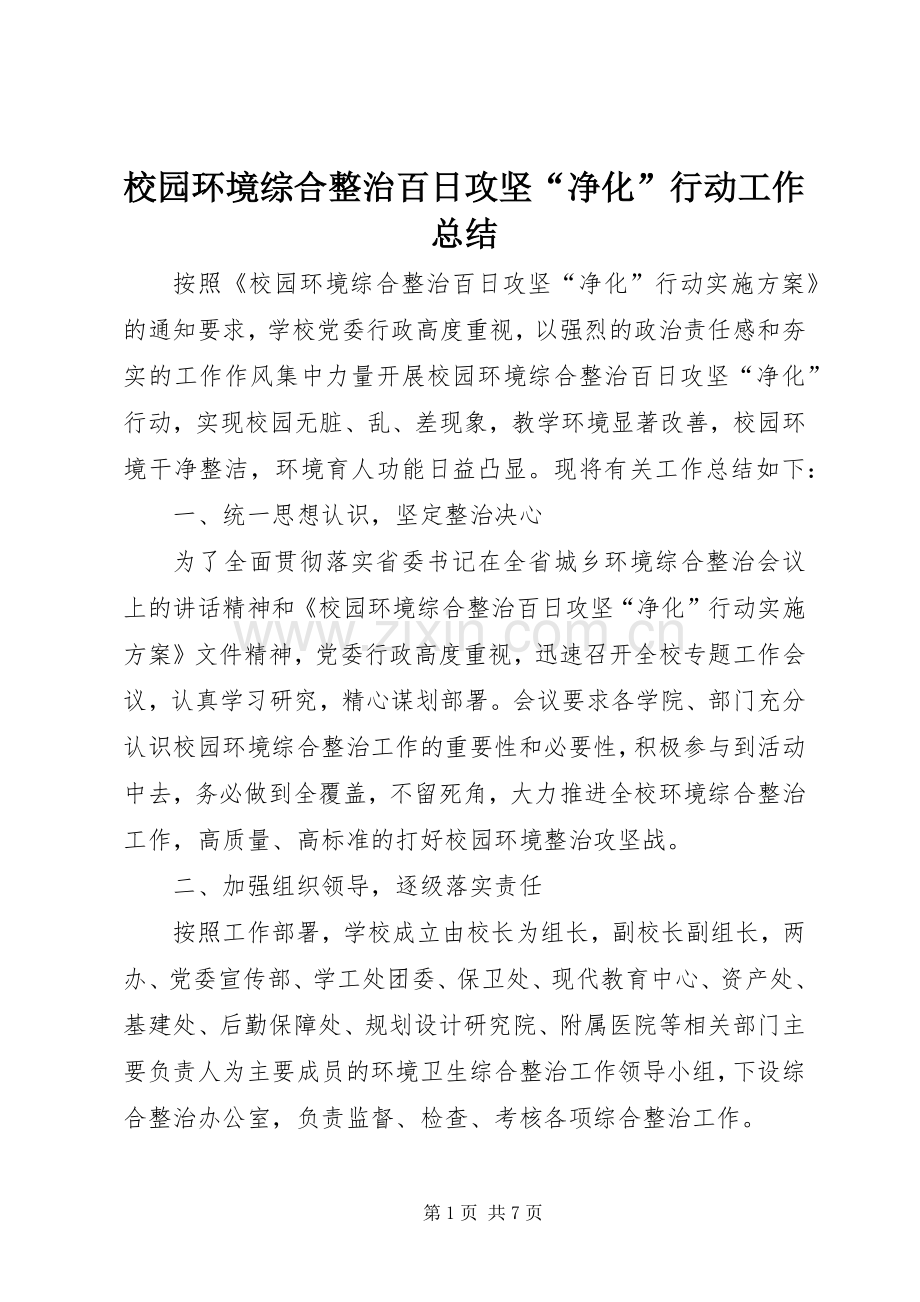 校园环境综合整治百日攻坚“净化”行动工作总结.docx_第1页