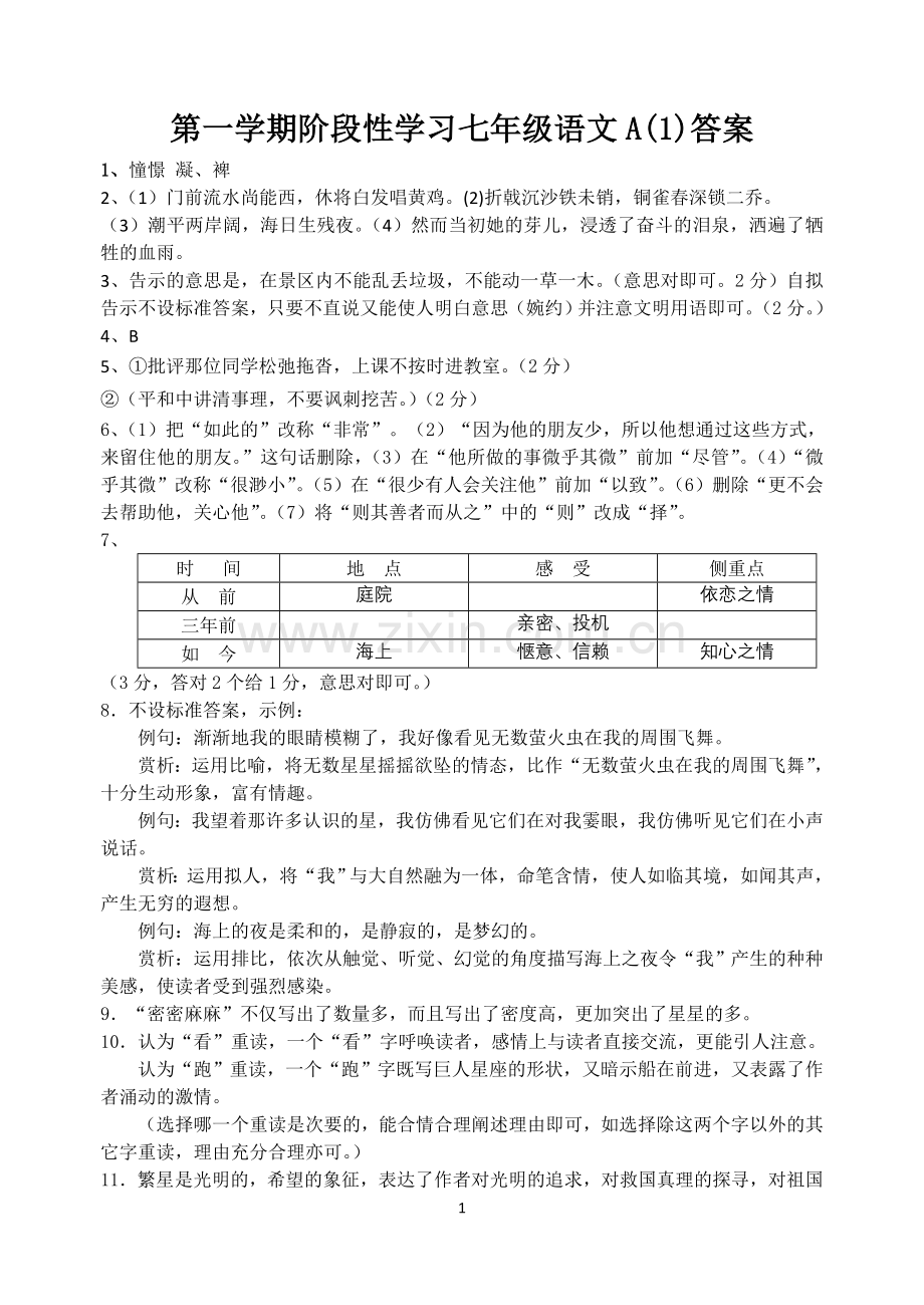 第一学期阶段性学习七年级语文ABCD卷答案.doc_第1页