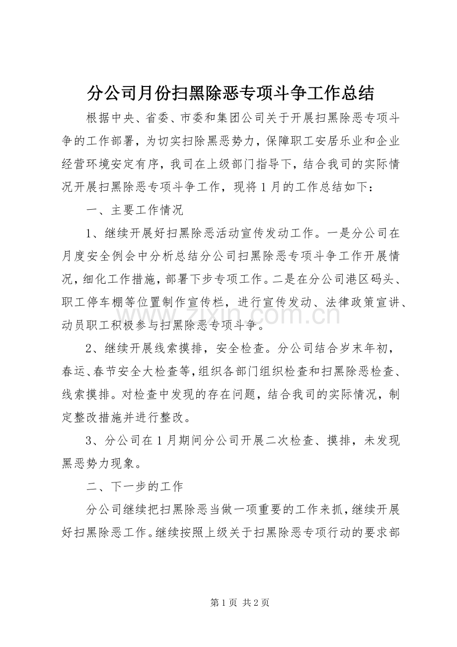 分公司月份扫黑除恶专项斗争工作总结.docx_第1页