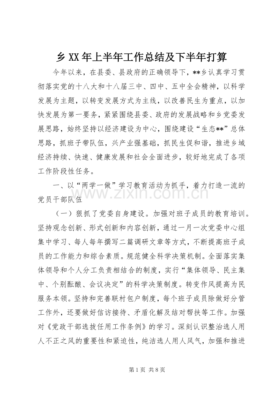 乡XX年上半年工作总结及下半年打算.docx_第1页