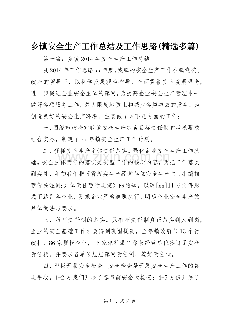 乡镇安全生产工作总结及工作思路(多篇).docx_第1页