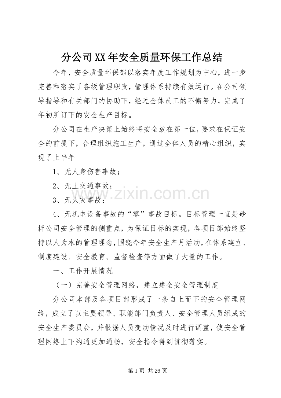 分公司XX年安全质量环保工作总结_1.docx_第1页