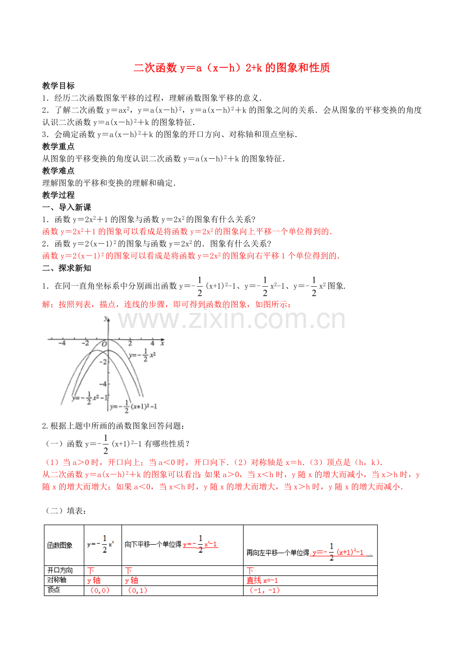 二次函数y＝a（x－h）2+k的图象和性质.doc_第1页