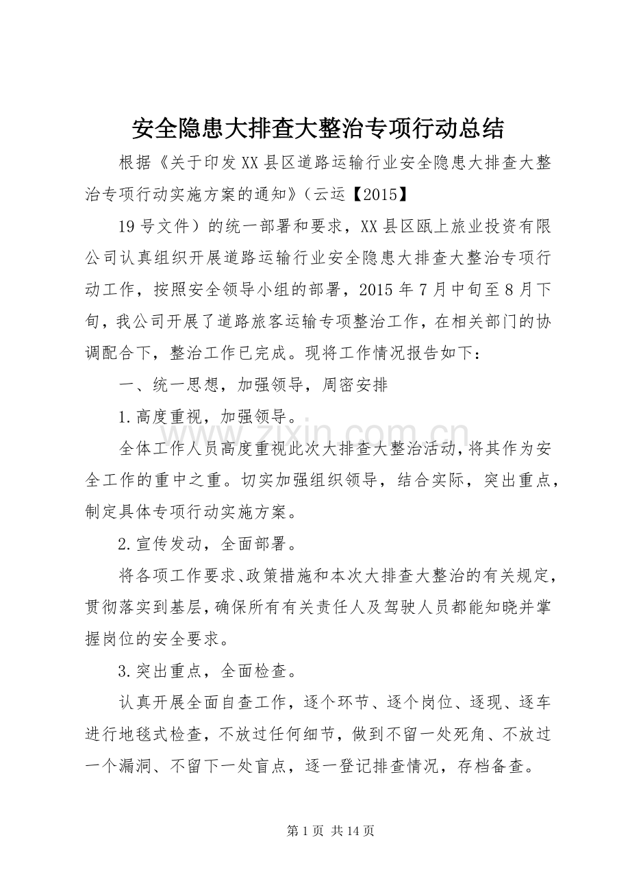 安全隐患大排查大整治专项行动总结.docx_第1页