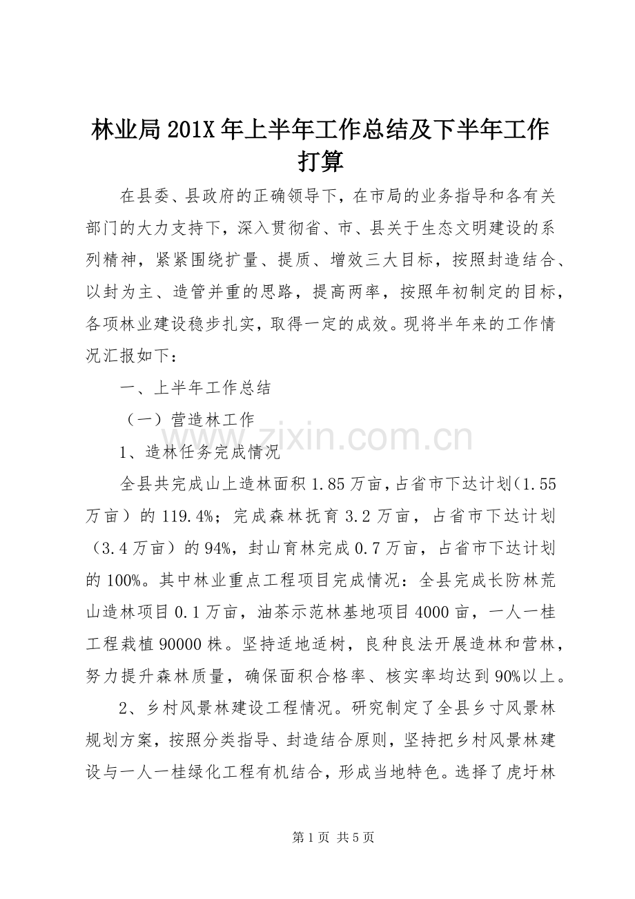 林业局201X年上半年工作总结及下半年工作打算.docx_第1页