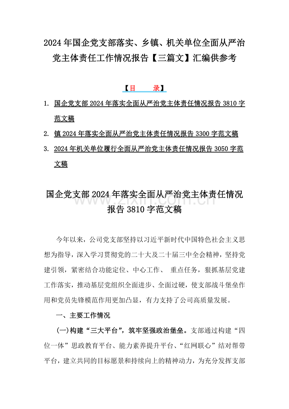 2024年国企党支部落实、乡镇、机关单位全面从严治党主体责任工作情况报告【三篇文】汇编供参考.docx_第1页