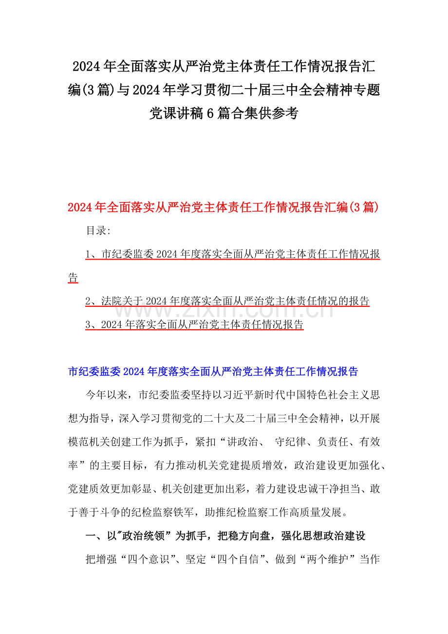 2024年全面落实从严治党主体责任工作情况报告汇编(3篇)与2024年学习贯彻二十届三中全会精神专题党课讲稿6篇合集供参考.docx_第1页