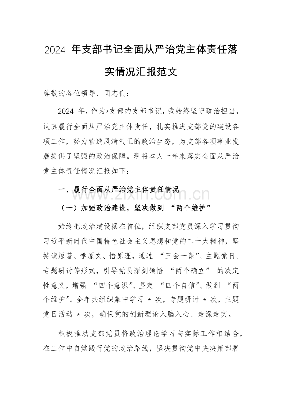 2024 年支部书记全面从严治党主体责任落实情况汇报范文.docx_第1页