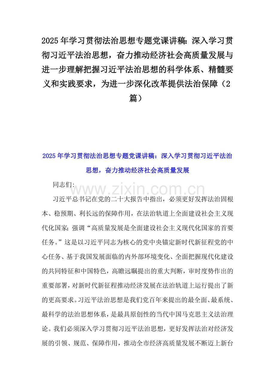 2025年学习贯彻法治思想专题党课讲稿：深入学习贯彻习近平法治思想奋力推动经济社会高质量发展与进一步理解把握习近平法治思想的科学体系、精髓要义和实践要求为进一步深化改革提供法治保障（2篇）.docx_第1页