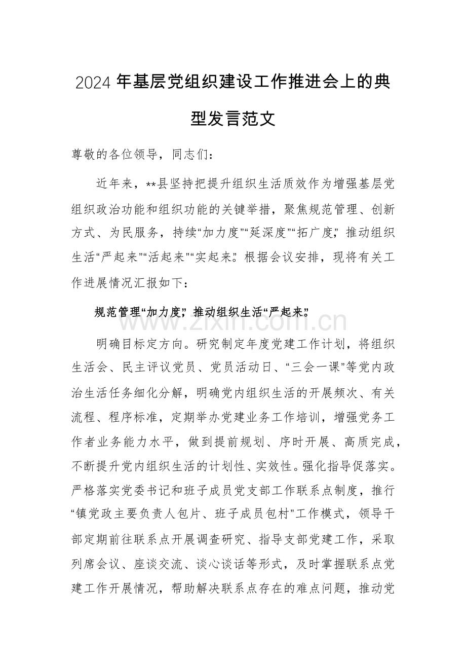 2024年基层党组织建设工作推进会上的典型发言范文.docx_第1页