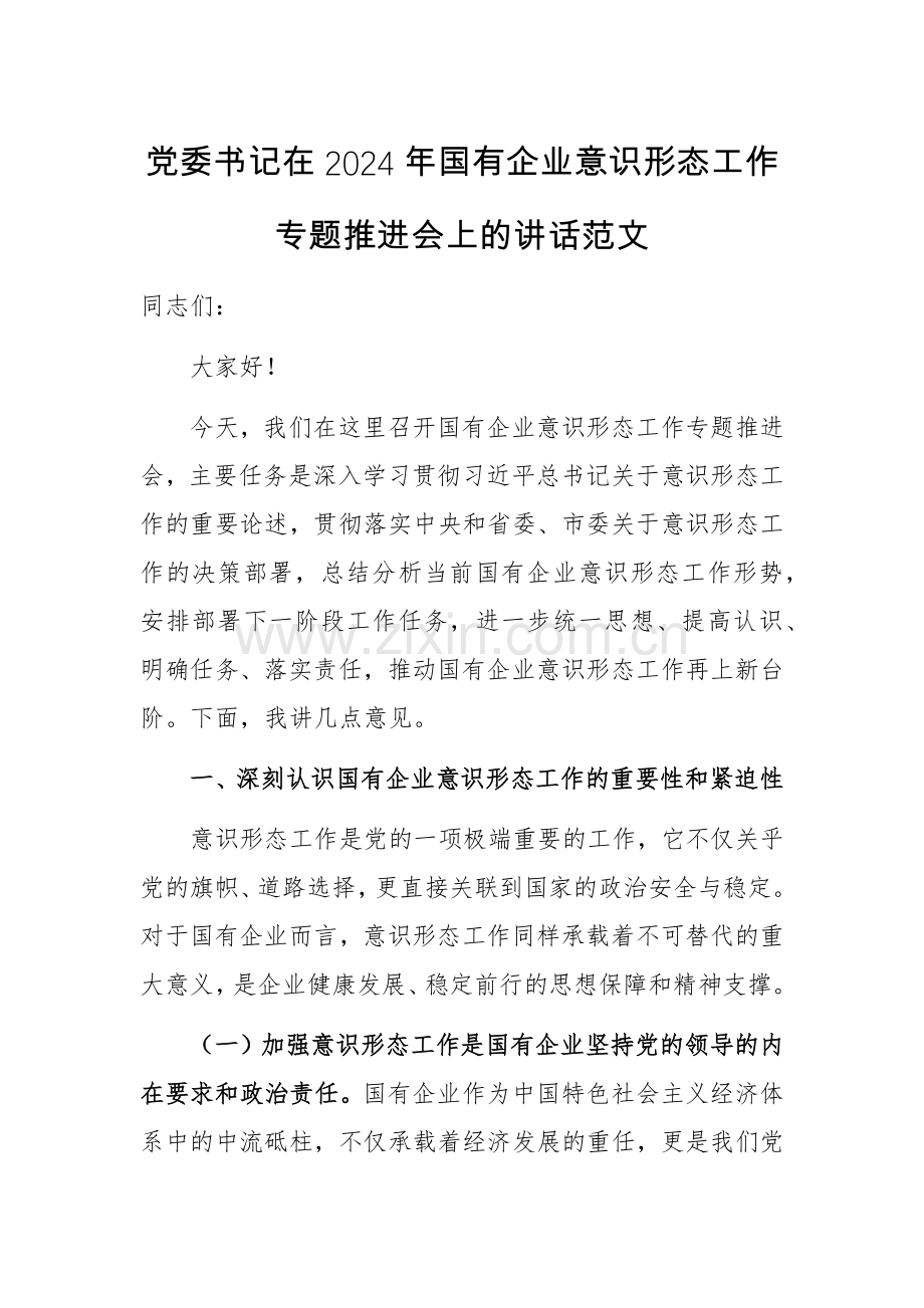 党委书记在2024年国有企业意识形态工作专题推进会上的讲话范文.docx_第1页