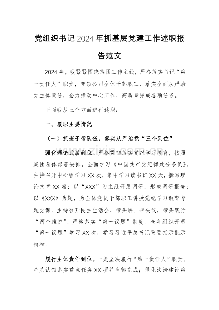 党组织书记2024年抓基层党建工作述职报告范文.docx_第1页