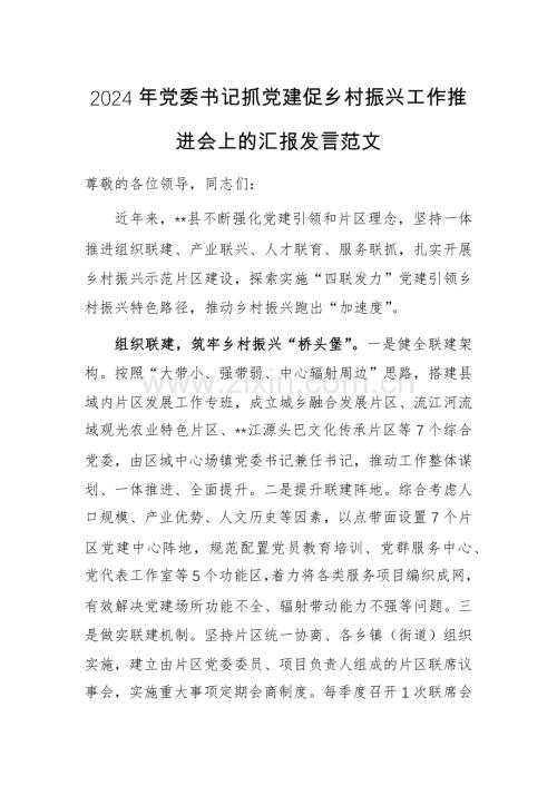 2024年党委书记抓党建促乡村振兴工作推进会上的汇报发言范文.docx