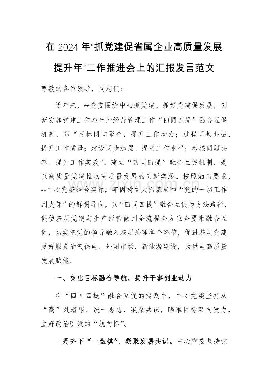 在2024年“抓党建促企业高质量发展提升年”工作推进会上的汇报发言范文.docx_第1页