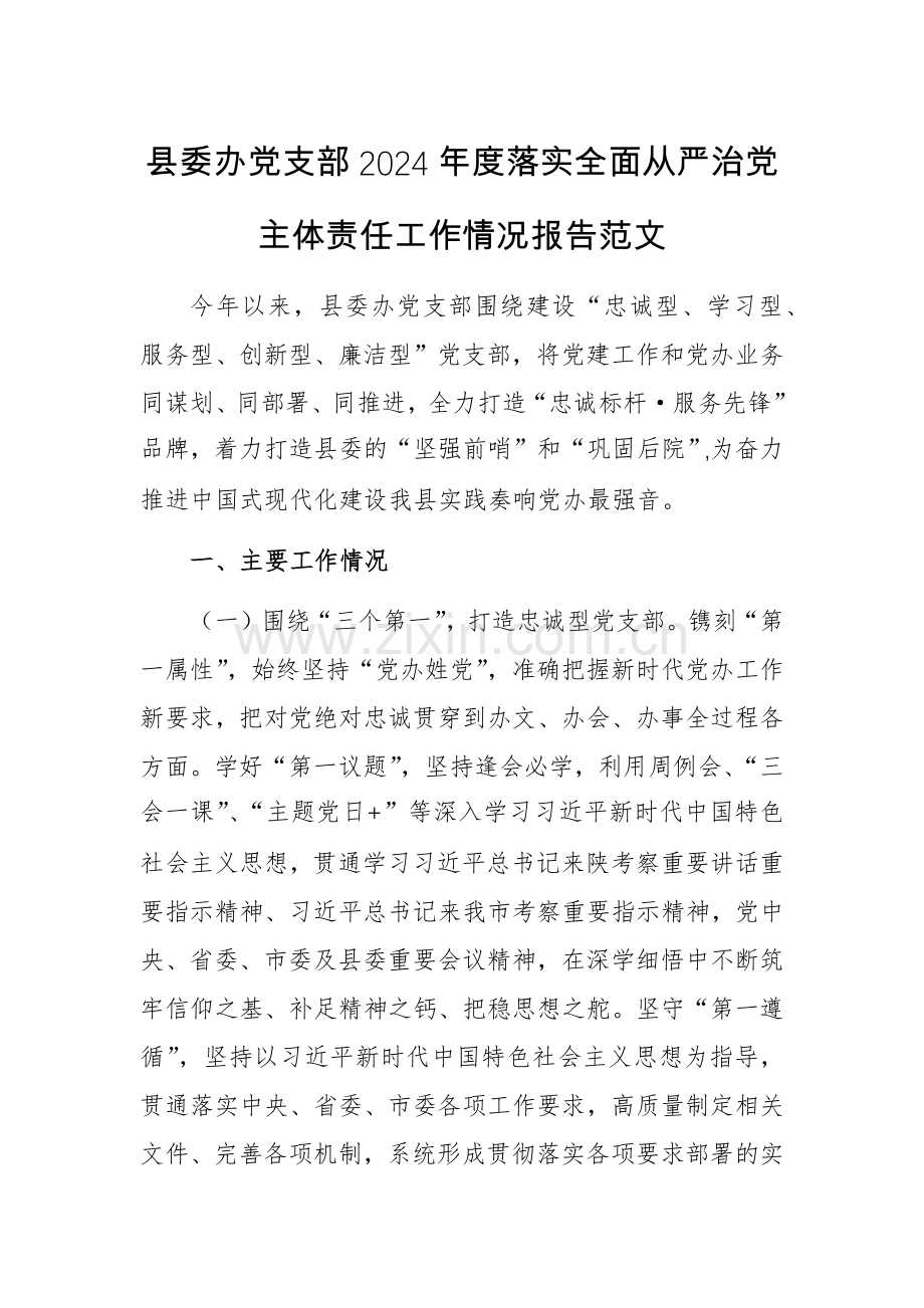 党支部2024年度落实全面从严治党主体责任工作情况报告范文.docx_第1页