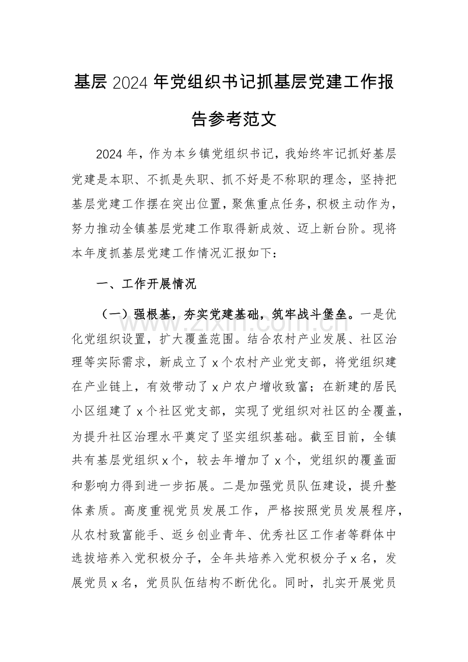 基层2024年党组织书记抓基层党建工作报告参考范文.docx_第1页