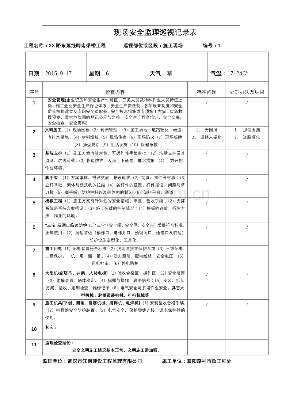 桥梁工程现场安全监理巡视记录表.doc_第1页