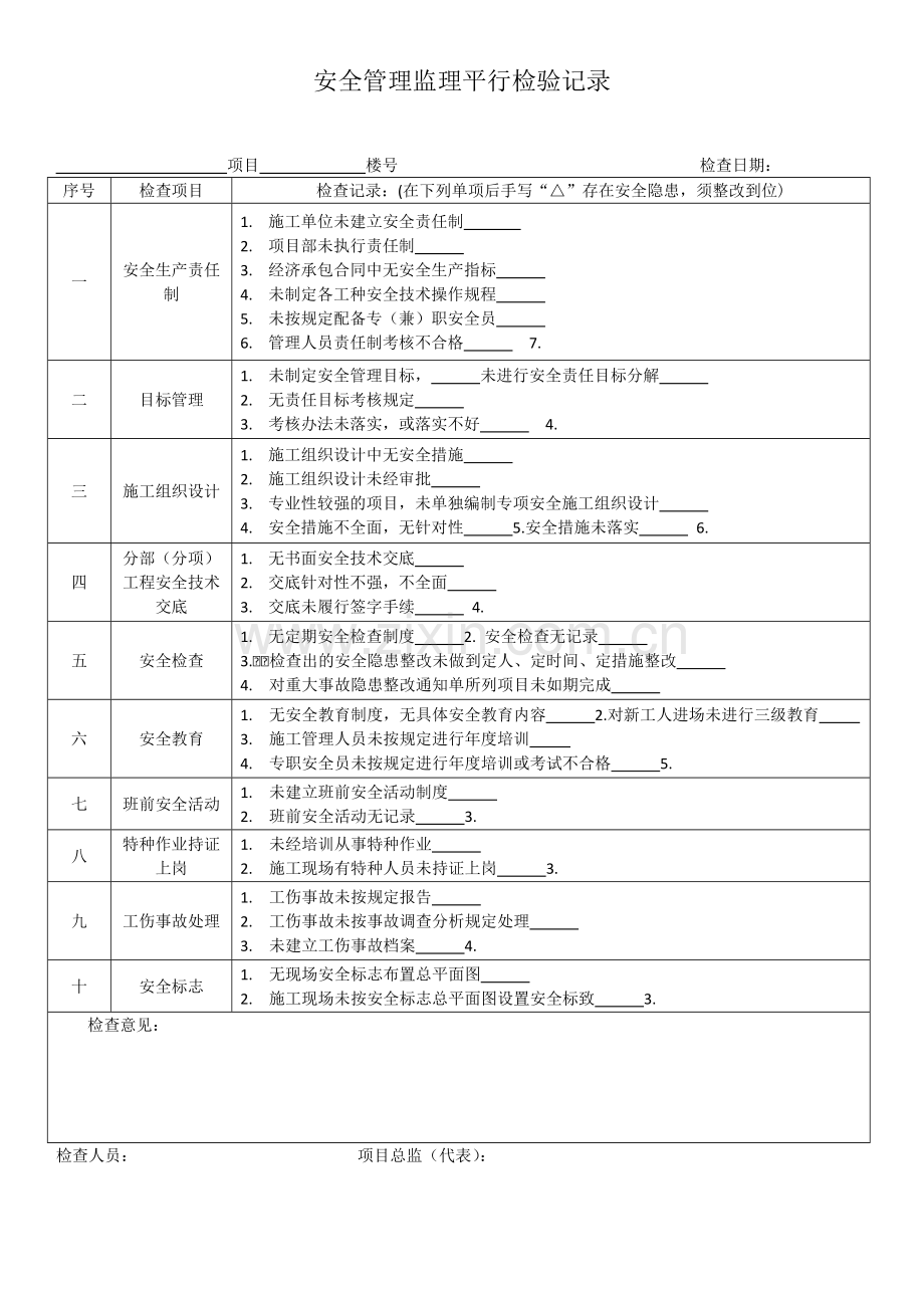 安全管理监理平行检验记录.doc_第1页