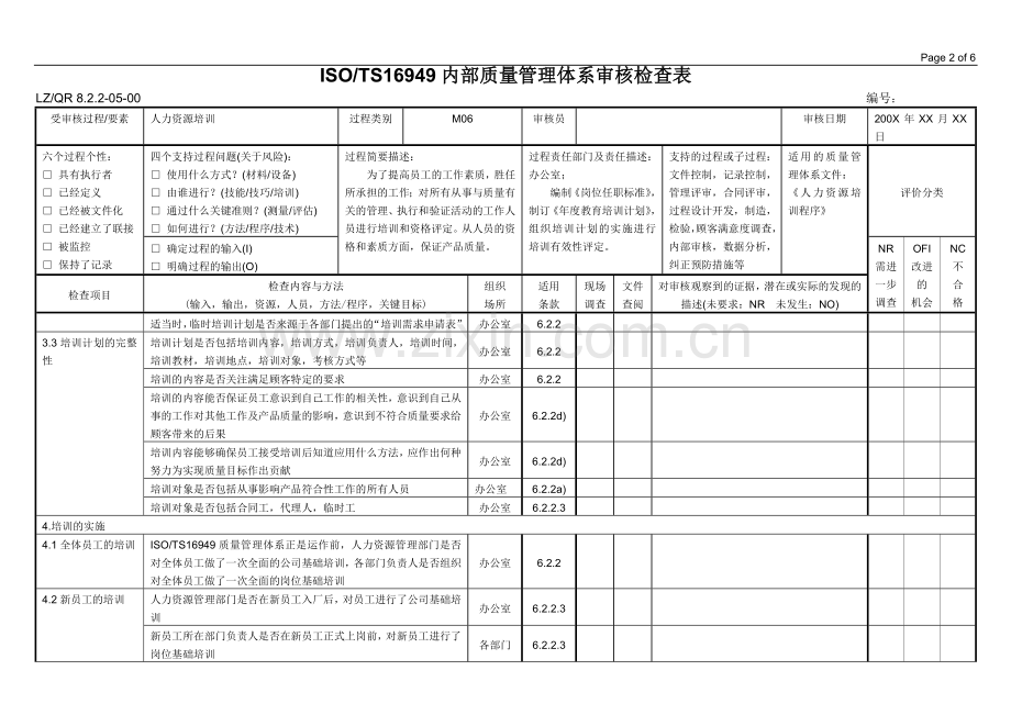 ISO∕TS16949内部质量管理体系审核检查表（M06 人力资源培训）.doc_第2页