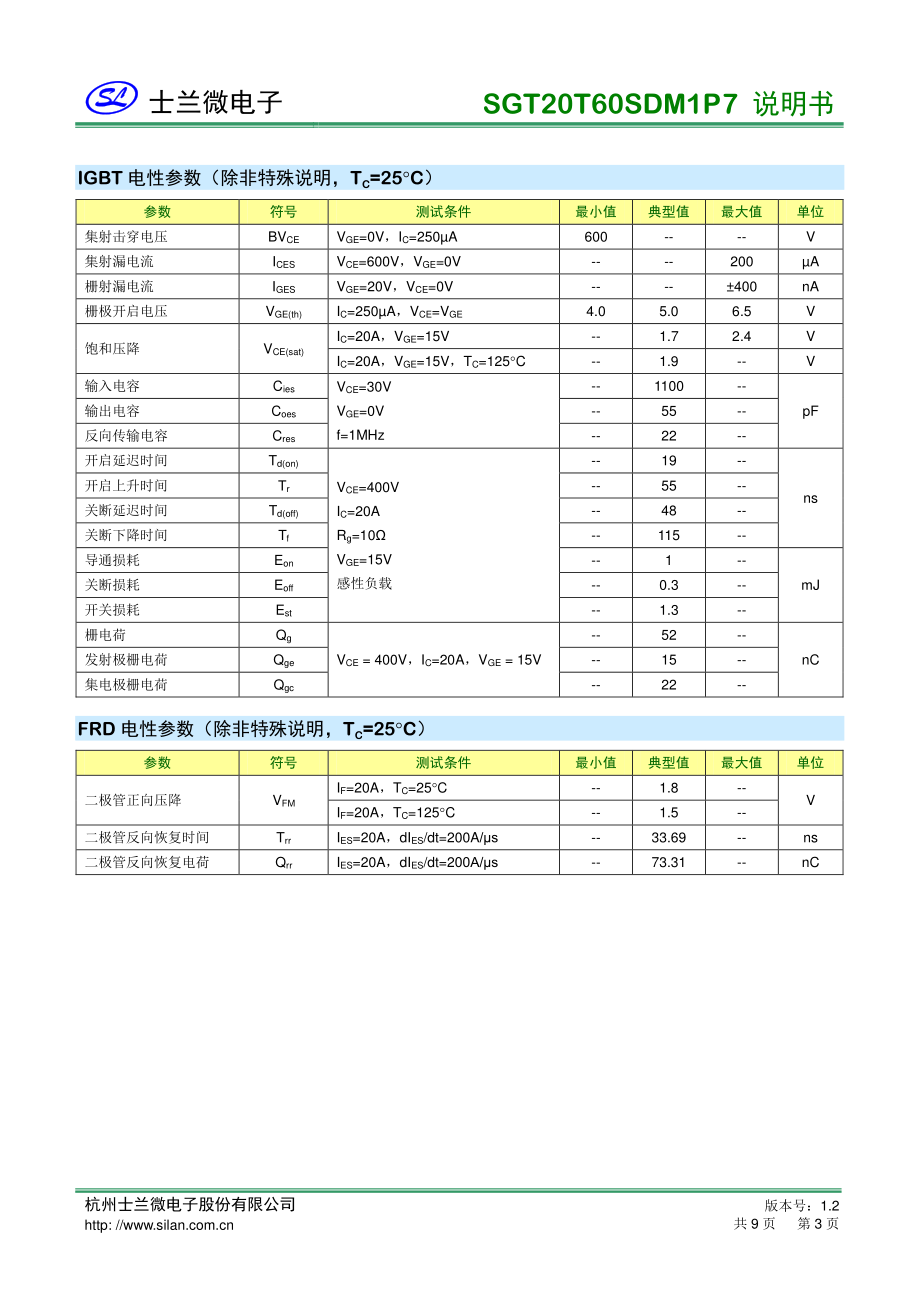 全桥逆变IGBT耐压600V、20A SGT20T60SDM1P7规格书参数_骊微电子.pdf_第3页